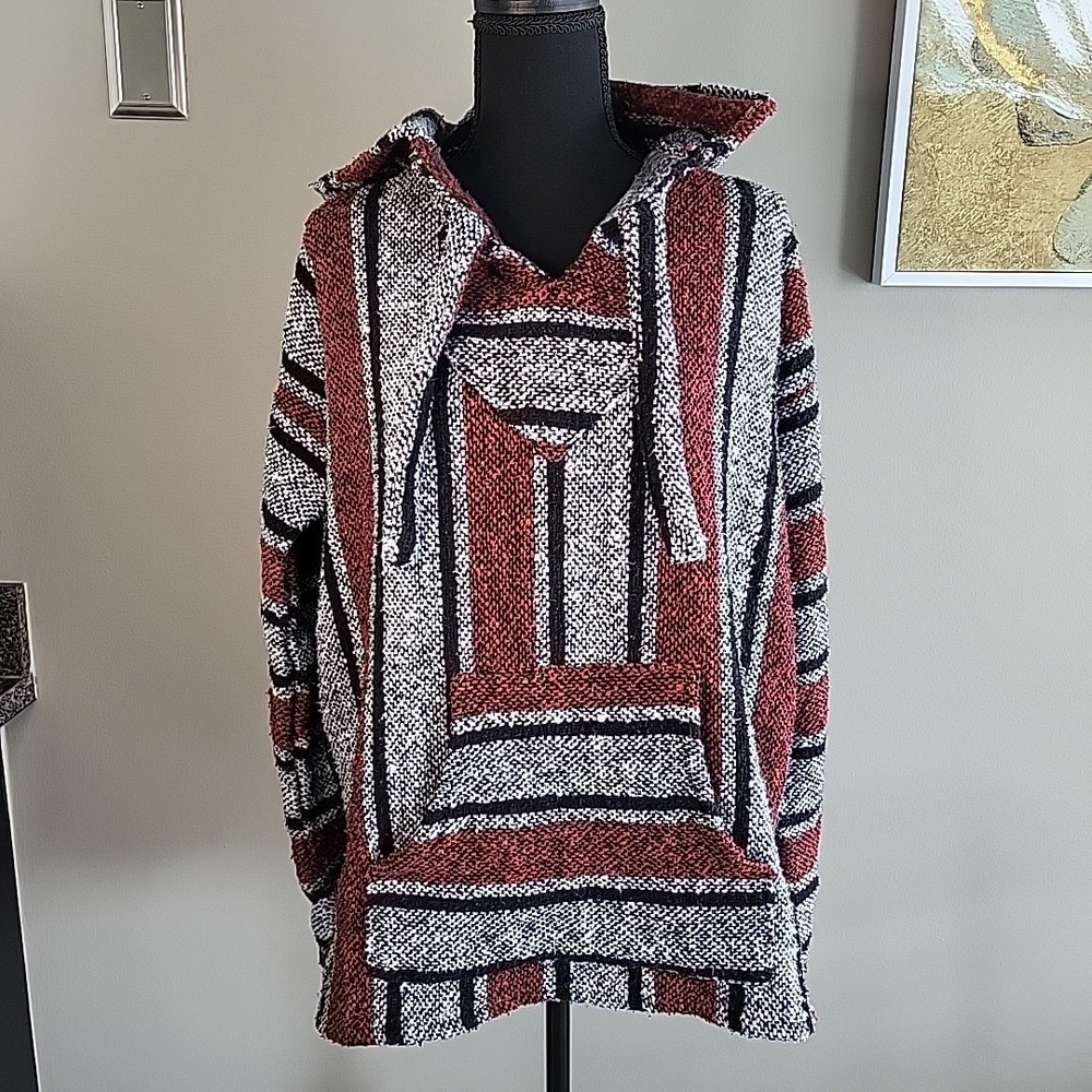 ARTESANIAS Baja Hoodie Size L Drug Rug Pullover Red Black Grey Striped Unisex